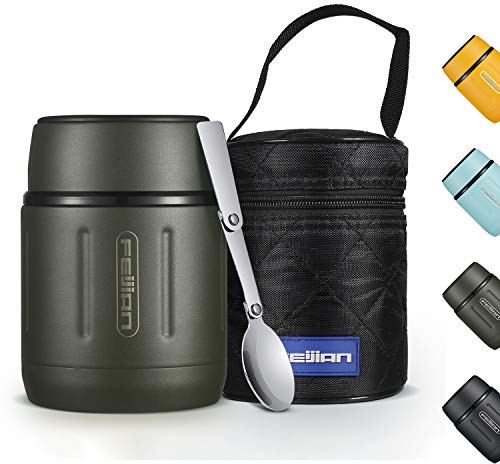 Healter-500ml Food flasks for hot food Soup flask Thermal food container Portable Stainless Steel Food Containers with Insulated Bag & Folding Spoon Keep Hot/Cold for 12 Hours(Green)