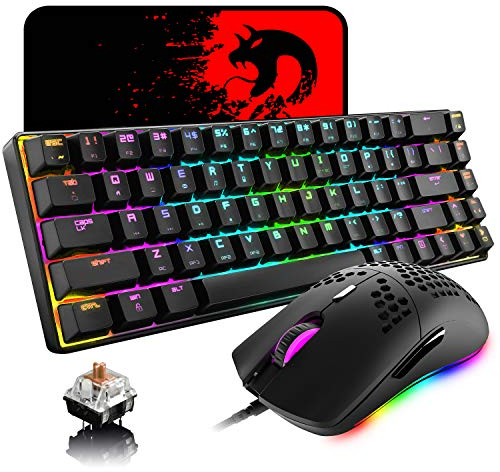 USB Cable 60% Teclado Mecánico Mini 68 Tecla RGB Retroiluminado Gaming Keyboard Mouse Set + 6400 DPI Ultralight Honeycomb Shell PC Gaming Ratones + Mouse Pad para PC/MAC - Tactile Brown Switch/Negro