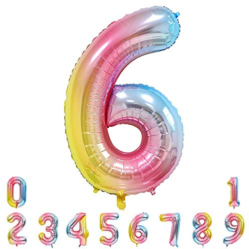 Unisun Number Balloons, 40inch Large Rainbow Number 6 Foil Mylar Helium Balloons for Birthday Party Celebration Decoration