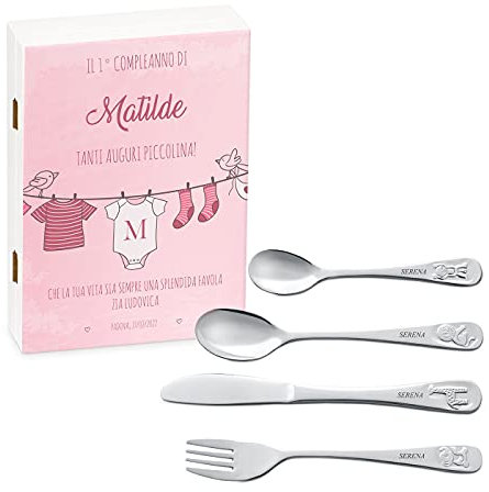 Maverton Set di 4 posate per bambini con incisione + scatola in legno con stampa personalizzata - motivo animali - idee regalo per battesimo bimba - vita