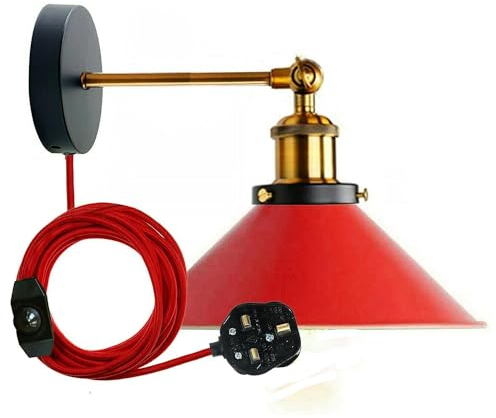 LEDSone Industrial Wall Sconce Adjustable Arm Light dimmer Switch Plug in 22cm Red Metal Cone Lamp Shade with E27 Base Wall Lights for Restaurant Office and Indoor Home Decor