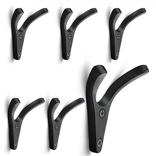 YODB 6PCS Double Prong Coat Hooks Wall Mounted,Minimalist Design Dual Wall Hooks Solid Zinc Alloy Robe Hooks Hanging Key Bags Hats for Entryway Kitchen Bedroom with Screws (Matte Black)