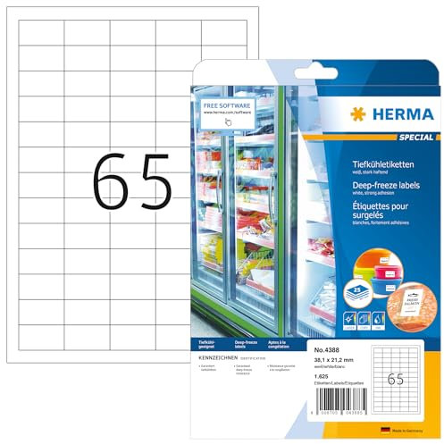 HERMA 4388 Tiefkühletiketten, 800 Blatt, 38,1 x 21,2 mm, 65 pro A4 Bogen, 52000 Stück, selbstklebend, bedruckbar, matt, blanko Papier Gefrieretiketten, Klebeetiketten Aufkleber für Gefriergut, weiß