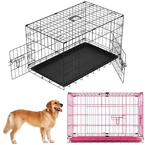 Pet Dog Cage 30,Pet Black Metal Folding Cage with 2 Doors,Home or Travel Folding Metal Cage with Removable Tray and Handle,Black