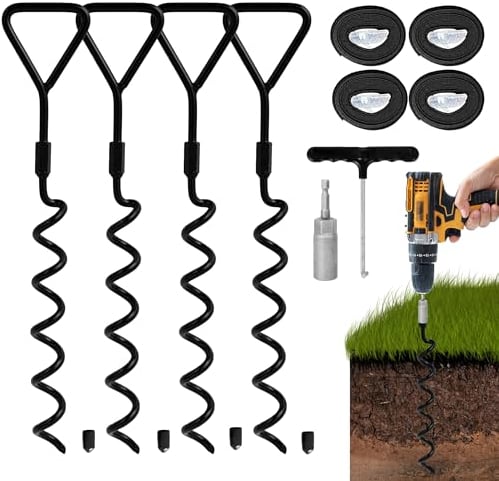 VASGOR Set of 4 Trampoline Stakes Heavy Duty Tie Downs - Corkscrew Shape Steel Stake High Wind Anchor Kit for Trampolines - Spiral Ground Anchors – Securing for Camping Tents