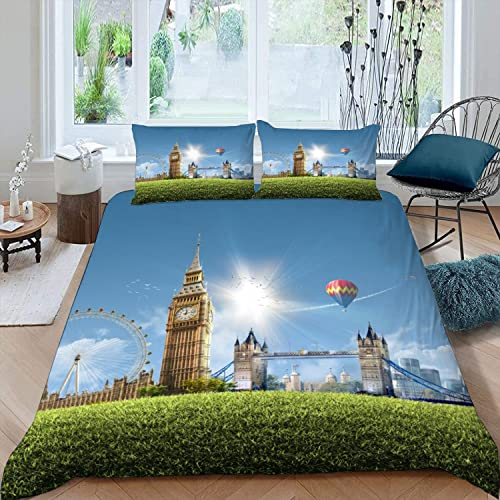 Londoner Sommer Kinderbettwäsche 135x200 3D Motiv 100% Mikrofaser Bettbezug mit Reißverschluss Stadtansicht 3 Teilig Bettwäsche-Sets Mädchen Jungen Bettbezüge mit 2 Kissenbezüge 80x80 cm