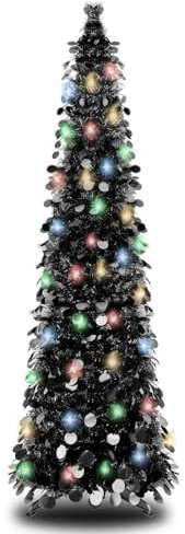 5FT Black Pop Up Christmas Tree, Collapsible Artificial Christmas Tree Tinsel Pencil Halloween Tree with Light (90 LED) Halloween Decorations for Home Holiday Fireplace Party Indoor Outdoor