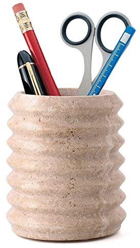 WORHE Porte-stylos pour bureau, pierre travertine naturelle, pot à crayons moderne et fonctionnel pour fournitures de bureau, organisateur de vaisselle pour décoration d'intérieur, école, beige