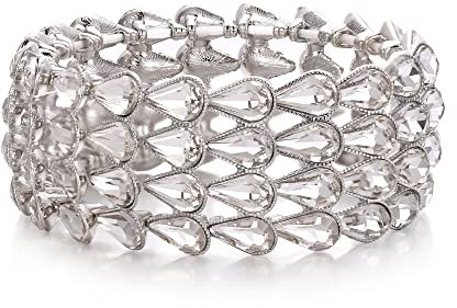 EVER FAITH Stretch Armreif Braut Strass Kristall elastische für Hochzeit, Art Deco Wassertropfen Vier Reihen Vintage Armband Schmuck für Damen klar Silber-Ton