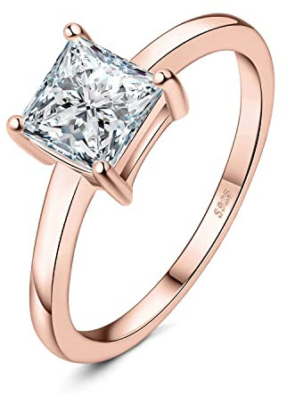 JewelryPalace 1ct Solitaire Moissanite Bague Taille Princesse Pierre Argent Massif 925 Femme, Plaqué Or Rose Bague Diamant Simulé Fiançailles Mariage Promise Alliance, Ensemble Bijoux Mariee