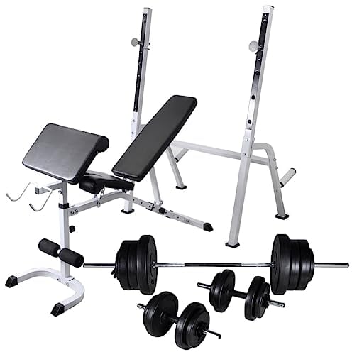 Trainingsbank mit Hantelablage, Langhantel und Kurzhantel-Set, 60,5 kg, Trainingsbank: