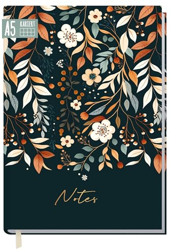 Häfft Notizbuch A5 kariert Pretty Flowers von Trendstuff by 124 Seiten, 62 Blatt - ideal als Tagebuch, Bullet Journal, Ideenbuch, Schreibheft - nachhaltig & klimafreundlich