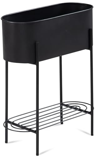 KADIMA DESIGN Pflanzkübel Schwarz mit Gestell und Ablage, Pflanzgefäß Metall, 51x65x22 cm