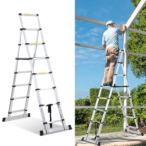 Jiubiaz Teleskopleiter Klappleiter, 2M+2.3M Aluminiumleiter A-Rahmen 6+7 Sprossen, Rutschfester Mehrzweckleiter Ausziehbare Leiter mit Stabilisatoren, Max Belastung 150 kg