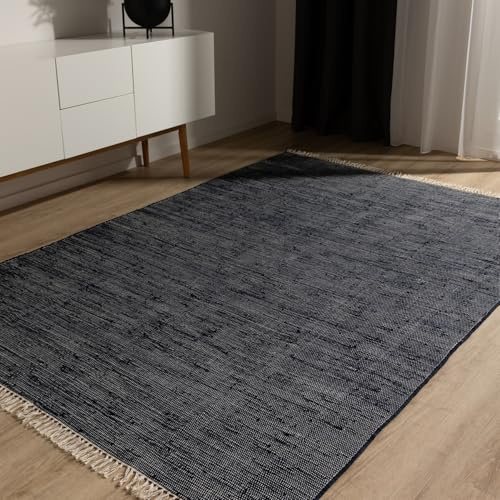 benuta Basic Baumwollteppich Tom - Dunkelblau 160x230 cm - Handgewebter Wohnzimmer Teppich - 100% Recycelte Baumwolle - Für Fußbodenheizung geeignet