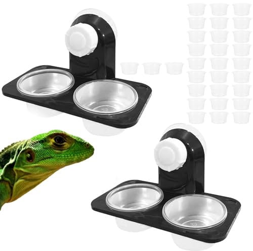 Vokowin 2pcs Reptile Water and 30pcs Food Bowl Crested Gecko Feeding Ledge Plastic Suction Cup Reptile Feeder Water for Lizard Tortoise Snake Scorpion Chameleon Turtle Centipede Fits Tank (K386-2)