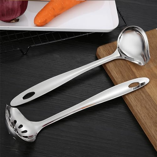 Louche à soupe et écumoire, louche à soupe en acier inoxydable avec bec verseur, grande louche de 27,2 cm, convient pour servir des sauces, des glaces, des fondues et de la crème
