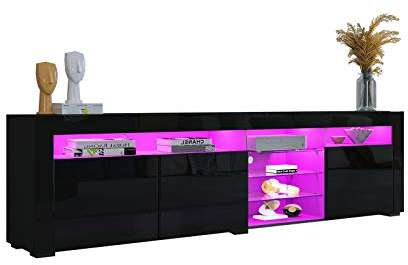 Generisch Moderne TV Tisch für Wohnzimmer mit LED Leuchten 3 Türen Lagerung, Hochglanz Schwarz Fernsehschrank, TV-Schrank für Wohnmöbel, TV Lowboard 180cm, TS18-BK
