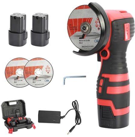 Akku Winkelschleifer, Mini Winkelschleifer mit Mit 2 Batterien, 12V Bürstenlosen Motor(550W Scheiben-Ø 75mm, im Karton) (Rot)
