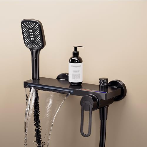 Waterfall Bath Taps Wall Mounted Tap Bath Shower Bathroom Mixer Taps with Shower Attachment Bathroom Tub Filler Taps Chrome, XIAOXSIO, Black,