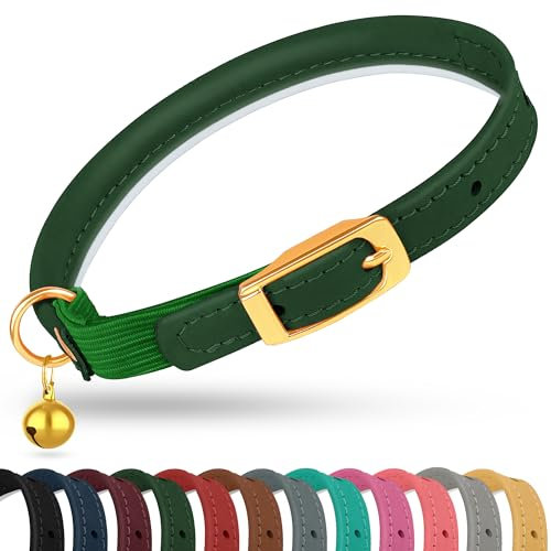 OOPSDOGGY Rolled Leather Cat Collar with Bell - Reflective Kitten Collar with Safety Elastic Strap - Adjustable Small Pet Collars for Boy Girl Cats (Green)