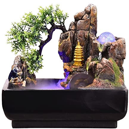 ZXFNVXC Tischbrunnen Desktop Steingarten Brunnen Bar Wasserrad Feng Shui Dreht Wasserlandschaft Bonsai Glück Kleine Ornamente Dekoration Wasserbrunnen