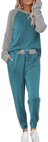 Ekouaer Schlafanzug Damen Langarm Pyjama Set Hausanzug Weich Zweiteiliger Bequem Loungesets Rund Ausschnitt Nachtwäsche Dunkelpfauenblau XL