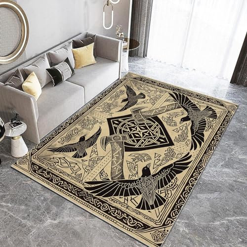 Generisch Wohnzimmer Teppich 60 x 120 cm Wikingerplakat Krähe Axt Runen Waschbarer Teppich, Modern Anti-Rutsch Teppich, Weich Kurzflor Teppiche für Schlafzimmer Kinderzimmer Büro