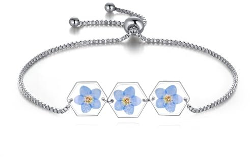 Bracelet de fleurs sauvages pressées Forget-Me-Not | Bracelet personnalisé fait main | Bracelet de vraies fleurs sauvages | Bracelet de fleurs pressées en argent | Cadeau pour elle
