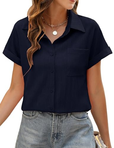 PASUDA Womens Blouse Summer Tops Short Sleeve Button Down Tee Shirts V Neck Elegant Solid Color Work Casual Ladies Tops Loose Basic Tunic Tops