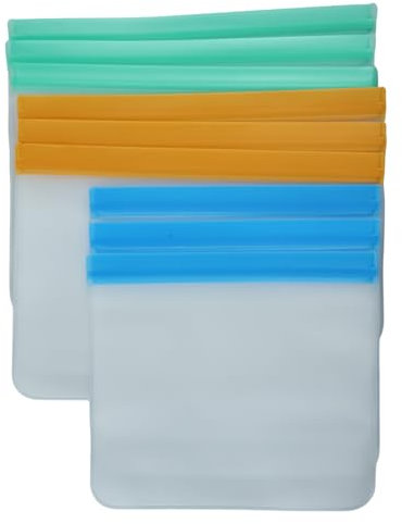 kitudaty 9 Pack Reusable EVA Food Storage Bags, Self Sealing, Leak Resistant, Freezer Safe, Blue, Orange, Green