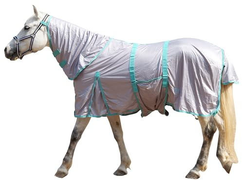 Gallopoff Fliegendecke Pferde mit Halsteil – atmungsaktive Sommerdecke mit UV-Schutz und Scheuerschutz, Verstellbarer Brustverschluss, Bauchgurte, Beinschnüre und Schweiflatz Gray 155 cm