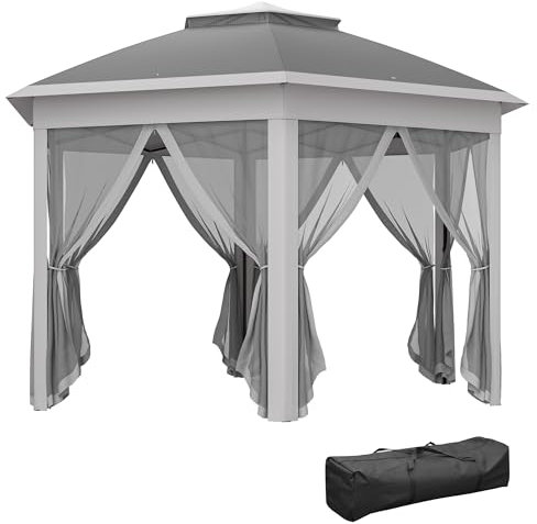 Outsunny 3 x 4m Garden Gazebo Hexagon Pop Up Gazebo Party Tent Canopy Double Roof Instant Shelter with Netting and Carry Bag for Outdoor Patio, Dark Grey