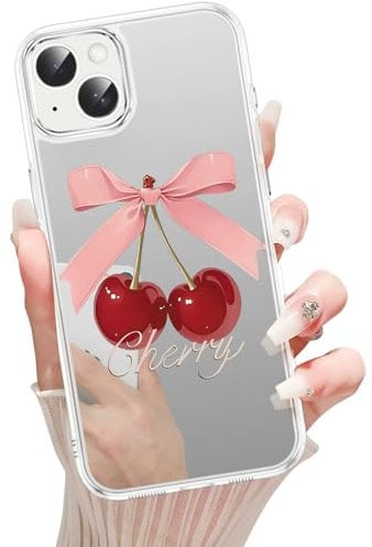 Xylota Handyhülle für iPhone 14/iPhone 13 6,1 Zoll Hülle, Mirror Spiegel Makeup Schutzhülle, Aesthetic Süßes Design TPU und Hartes PC Stoßfeste Frauen Mädchen Kratzfest Case für iPhone 13, Kirsche