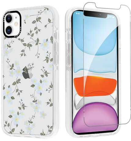 Coque pour iPhone 12 / iPhone 12 Pro 6,1 avec 1 Protection D'écran en Verre Trempé, Transparente Fleur Aesthetic Motif pour Fille Femme, Antichoc Anti-Jaune Silicone PC Housse Étui, Floral 03