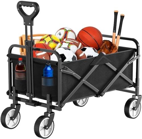 Carrello Pieghevole su Ruote, Carro da di Grande Capacità con Maniglia Regolabile e Borsa di Copertura, Trasportatore da Picnic per Festival Shopping Campeggio Giardino Spiaggia (Nero-1)