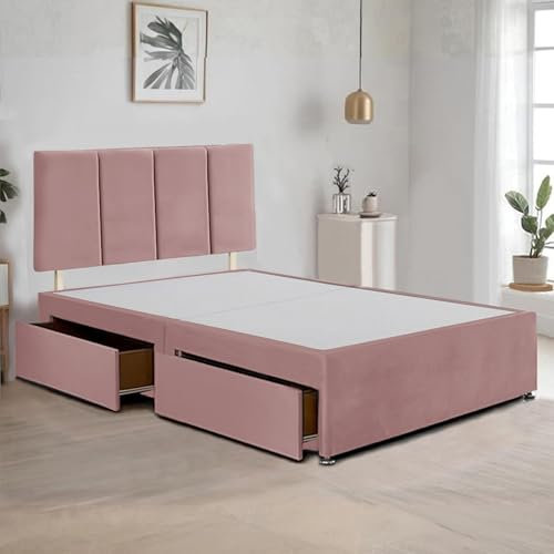 BED TIME UK - Pink Plush Fabric Divan Bed Frame | Bed Base with 20” Vertical Line Headboard | 4FT Small Double Bed Frame with 2 Drawers