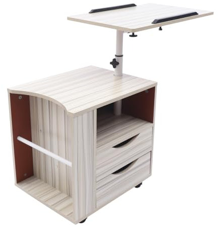 czyuRachel Functional Swivel Bedside Table over Bed Table Adjustable Bedside Cabinet with 4 Universal Wheels 2 Drawers Rotating end Table with Bedside Cabinet White Maple
