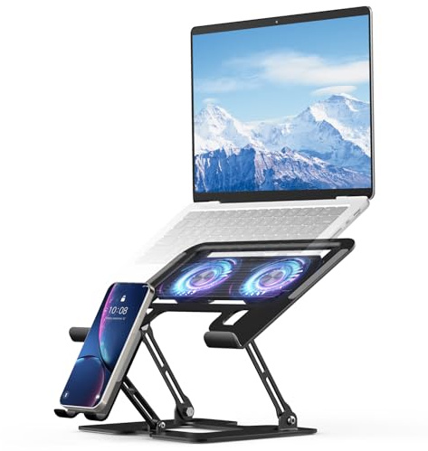 Electmagic Laptop-Ständer mit Handyhalterung, Laptop-Kühlständer mit 2 abnehmbaren, leisen Lüftern und RGB-Beleuchtung, Notebook-Kühler für 10-18 Zoll Laptops, MacBook Pro, Gaming-Laptops, Tablets