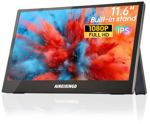 AIREIIXNGD 11.6 Portable Monitor 1080P FHD IPS Weighs 400g Travel Display | Weighs 400g USB-C & HDMI Second Screen with Built-in Stand & Speakers for Laptop, MacBook, Phone, PS5, Xbox, Switch