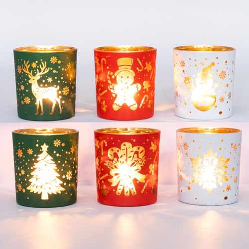Romcanmy Teelichthalter Weihnachten, 6er Set Rot Grün Weiß Windlicht Glas mit Weihnachtsbaum Rentier Schneeflocke Muster, Modern Kerzenhalter Glas für Weihnachtstisch Deko, Party, Winter, Kamin, 7x8cm