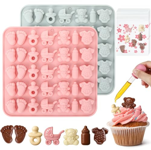 2 Pcs Baby Shower Chocolate Moulds, Silicone Cake Pop Mould with Droppers and Self-Sealing Bags, Footprint Bottle Baby Carriage Bear Pattern Jelly Moulds for Chocolate, Candy, Cake (Grey＆Pink)