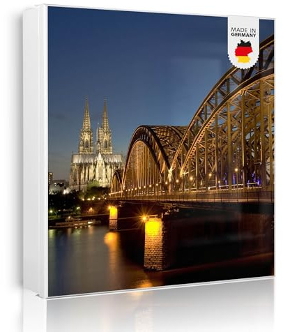 banjado Großer Schlüsselkasten Metall - Schlüsselbox 30x30cm beschreibbarer mit 32 Haken - Schlüsselkasten modern für Schlüsselaufbewahrung - Korpus Weiß Scharnier Links - Motiv Köln