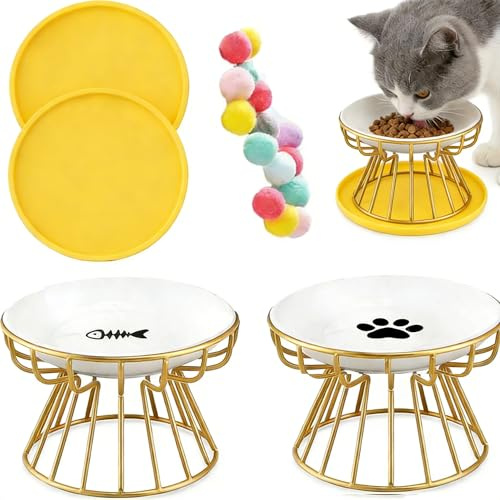 2 PCS Elevated Cat Bowls Stand,Tilted Pet Raised Ceramic Bowls with Mat