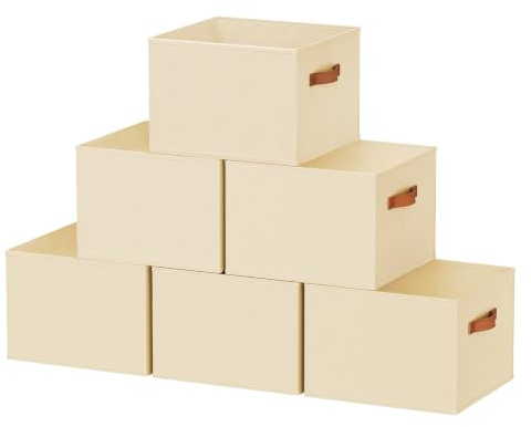 6 Pack Collapsible Fabric Storage Boxes for Wardrobe Shelves, 14x10,Beige | Stackable Storage Cubes with Dual Handles for Office, Laundry & Airing Cupboard, Ideal for Clothes, Towels, Nursery & Bedroom