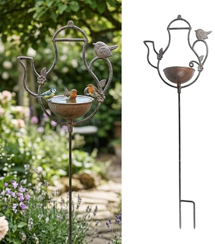 Relaxdays Vogeltränke Teekanne, HxBxT: 86 x 27 x 13 cm, Gusseisen, braun | mit Erdspieß, Futter- & Wasserschale für Vögel