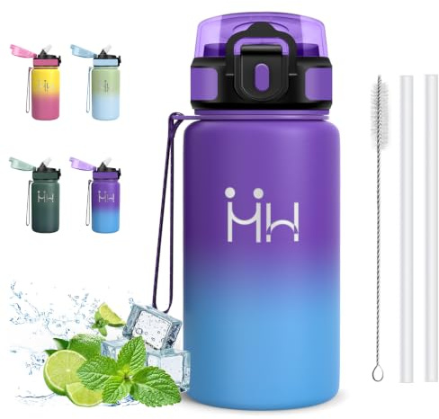 Gourde Isotherme, 500ml Gourde Enfant, Anti Fuite, Sans BPA, Gourdes Inox, Double Isolation, Gourdes Paille, avec Brosse à Paille, Bouteille d'eau pour École, Voyage, Repas, Bureau
