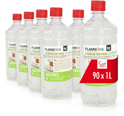 90 x 1 L FLAMBIOL® Premium Brenngel für Brenngel Dekofeuer, Lampe und Kamine - Dickflüssiges Gel