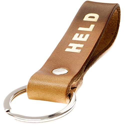 ELBERCRAFT® Schlüsselanhänger Leder HELD Geschenk für Frauen oder Männer pflanzlich gegerbt braun mit gravur gold 12 cm made in Germany Leather Keychain