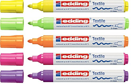 edding 4-4500-5 Textilmarker, Rundspitze, 2-3 mm, sortiert (Textilmarker, Neonfarben, 5)